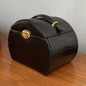 Langria Black Faux Patent Croc Leather Glossy Jewelry Train Case